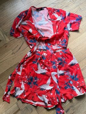 Red Floral Crane Two-Piece Tie-Front Set
